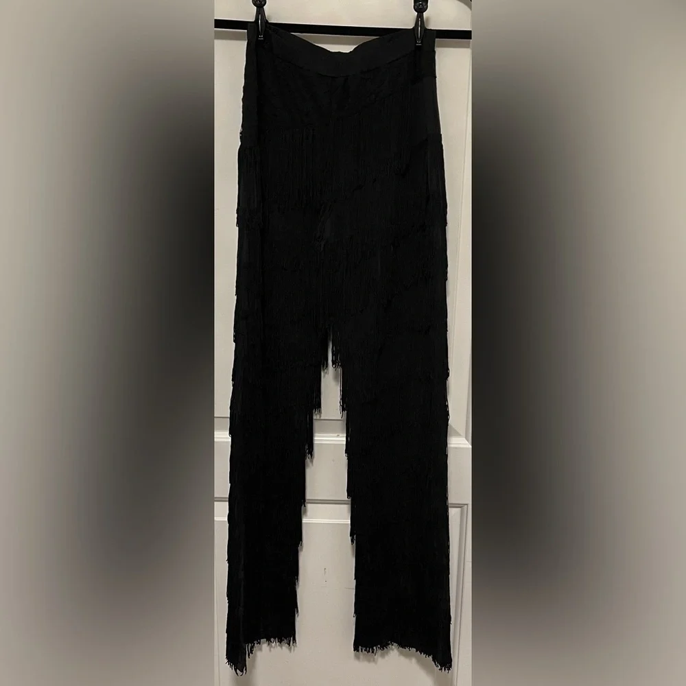 Black Layered Fringe Pants Wide Leg Tassel Streetwear Boho Festival Goth Small - Picture 7 of 8